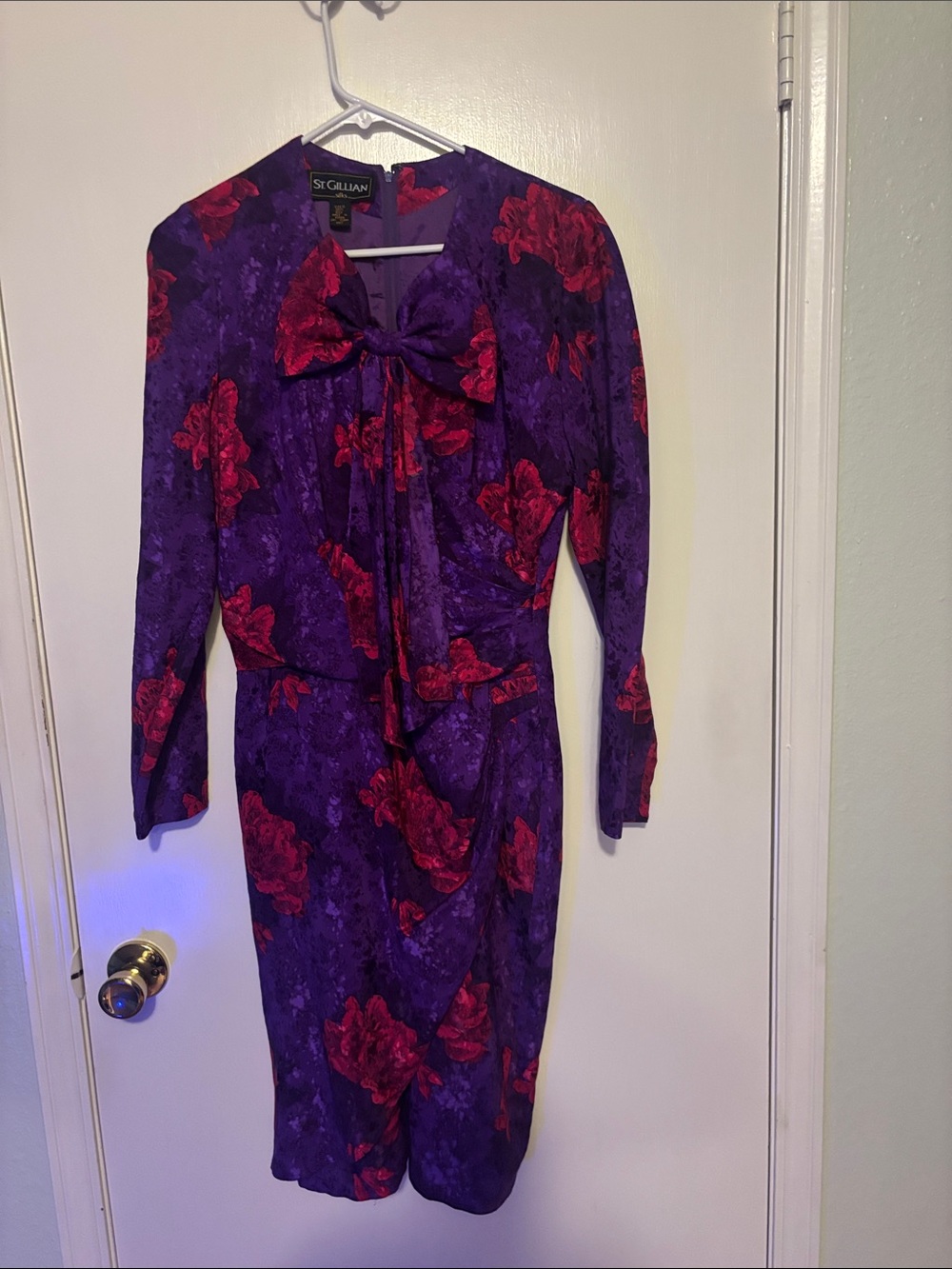 St. Gillian Purple Long-Sleeve Floral Bow-Neck Dress with Red Accents